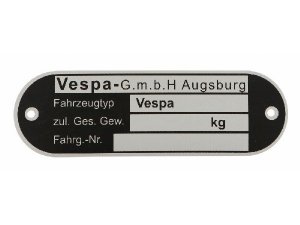 Typenschild Vespa GmbH Augsburg, fr Vespa alle dt. Modelle `62 -`67 schwarz, Aluminium getzt, 80x25x1 mm